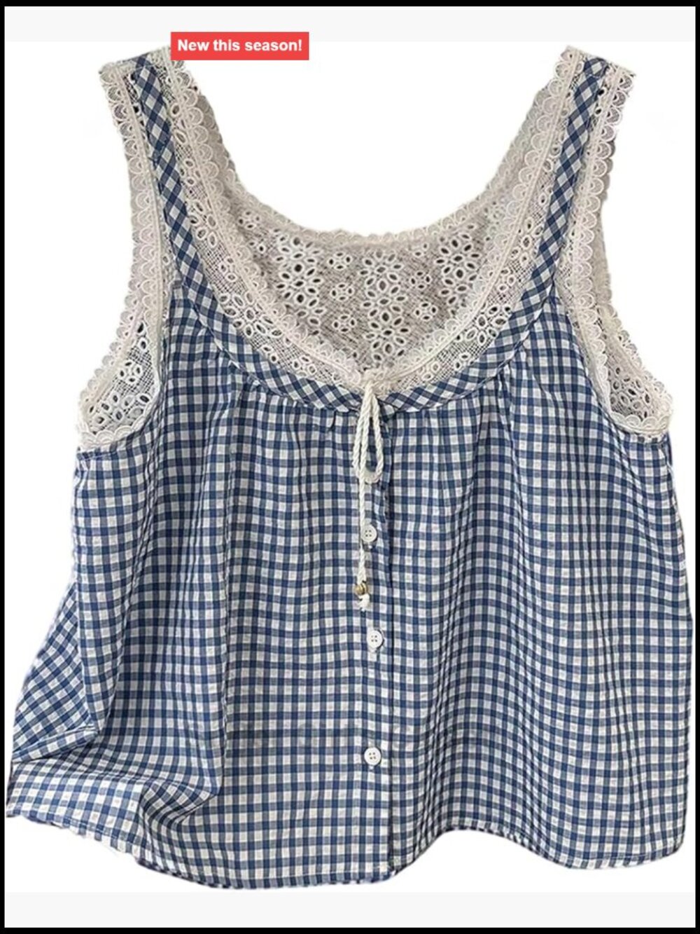Boho Gingham Plaid Eyelet Lace Trim Crop Tank Top
